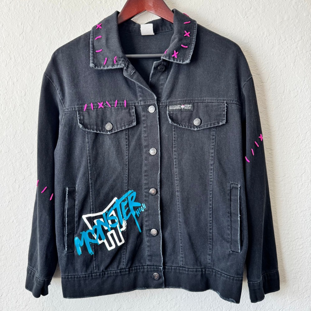 Monster High Spirit Halloween Black Denim Jacket Skullette Pink Stitch Small